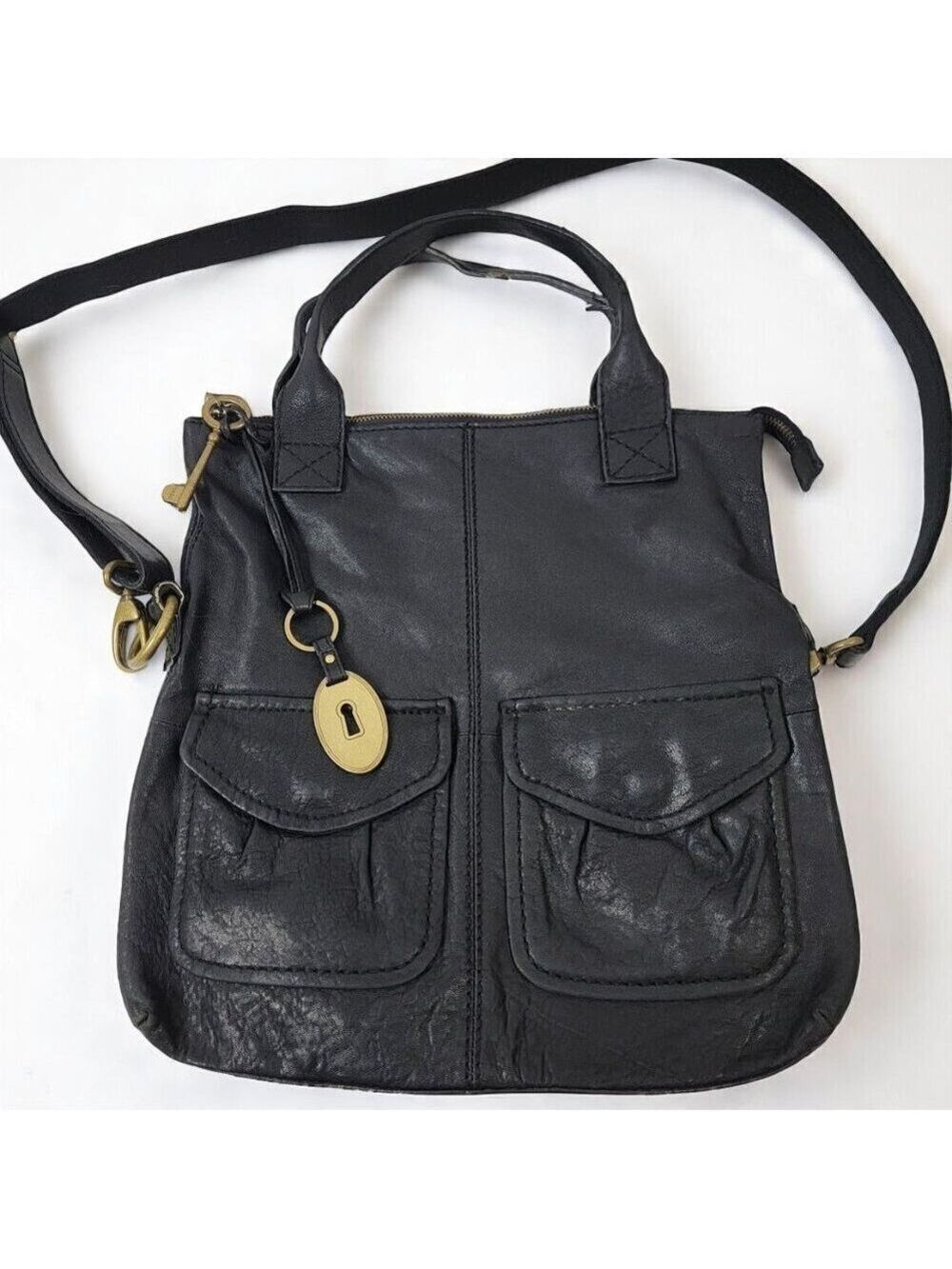 Fossil Slouchy Black Leather Crossbody Tote Bag | Boho Minimalist Everyday Purse
